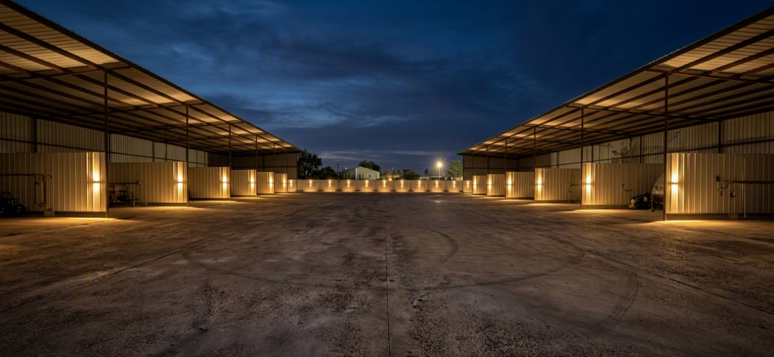 The covered rows at Midwest RV Park at dusk, lit from within, looking down the drive aisle